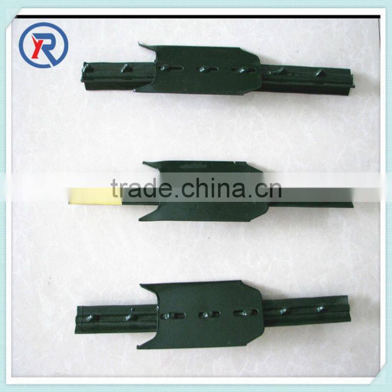 Black bituminous coated Y fence post punched with teeth