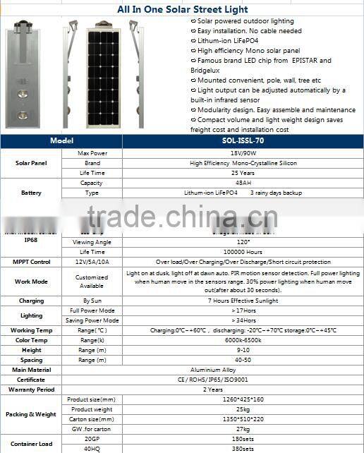 70w led street light solar led street lamp all in one solar street light