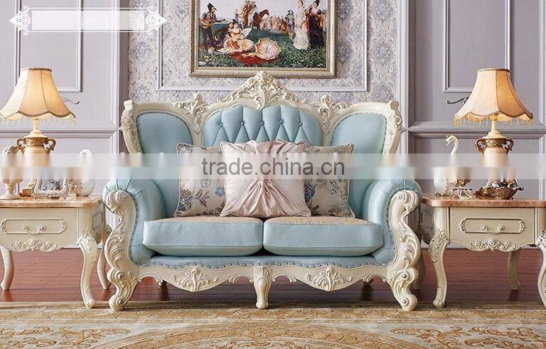 French romantic flower carving blue leather sofa set