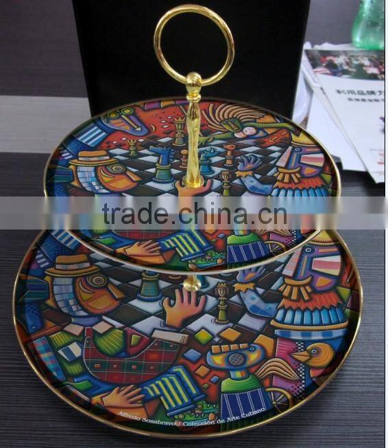 China porcelain two layers circular plate home used Double Cake Dinner Plate with apple fruit decal