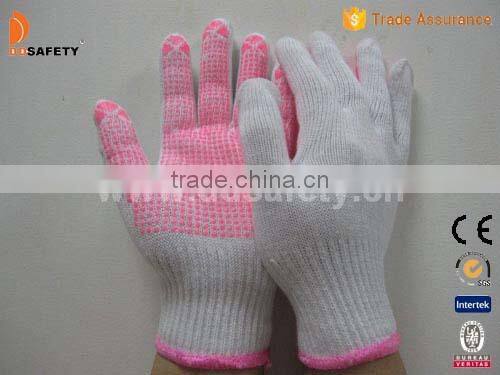 DDSAFTY 2017 Bleach Cotton Polyester Gloves String Knit Gloves With Pink PVC Dots One Side