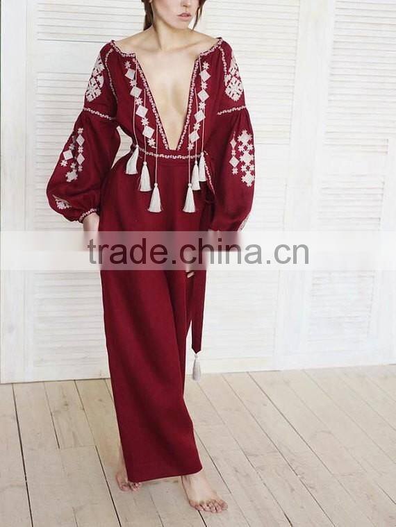 Boho Clothing Ukrainian Vyshyvanka Embroidery Designs Linen Dresses With Tassel Long Sleeve Maxi dresses HSD5766