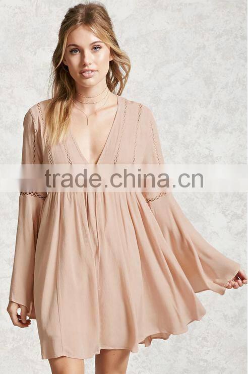 Fashion Long Bell Sleeve Chiffon Embroidery Summer Short Dress Women