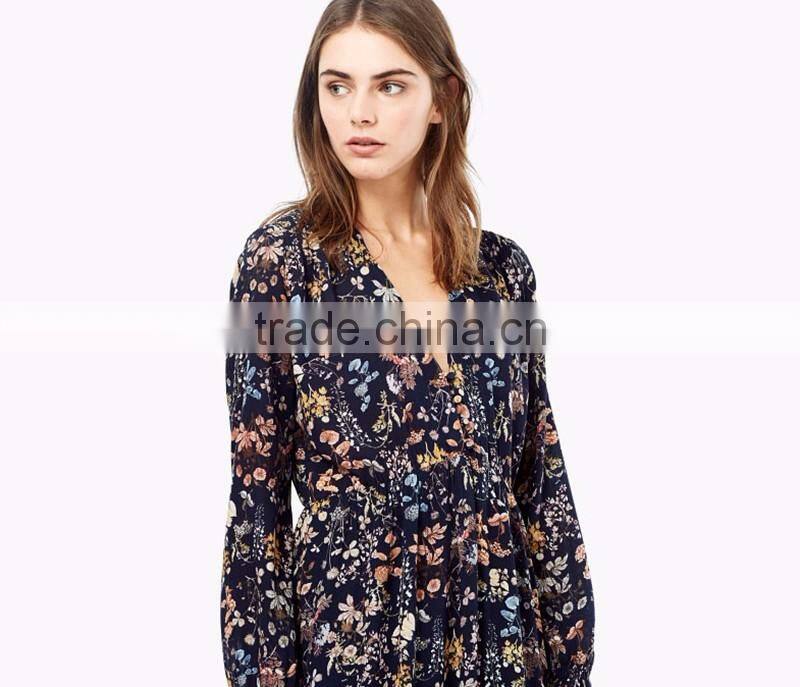 european style printed boutique long sleeve maxi dress elastic waist