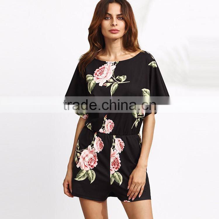 HAODUOYI Women Sexy Print Backless Crew Neck Breasted Romper Beach Party Short Sleeve Jumpsuit