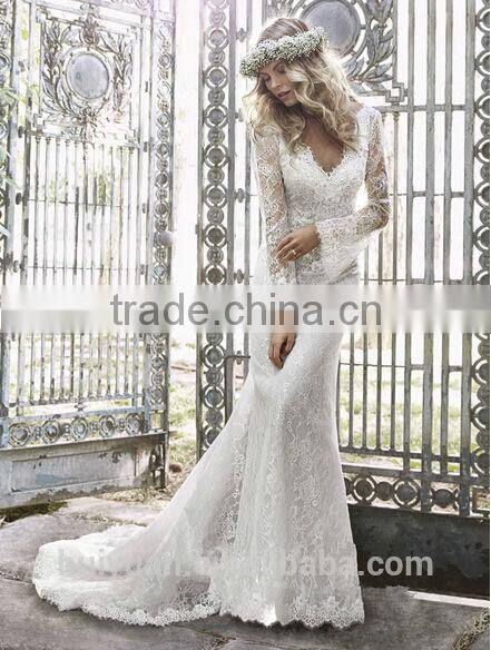 v neck lace open back backless wedding dress with long sleeves