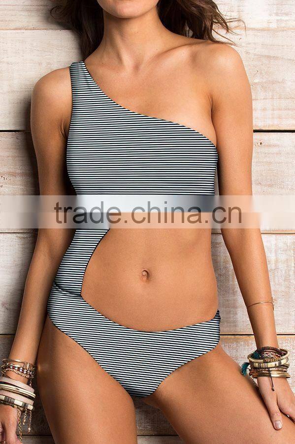ladies fashion side cut out stripe one-piece swimwear