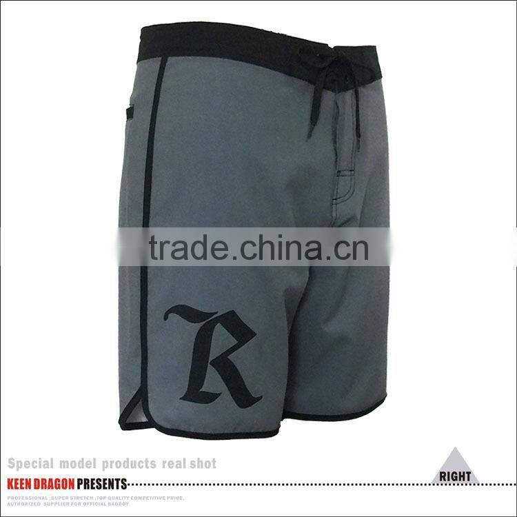 Custom logo grey board shorts with black binding cheap mens beachwear