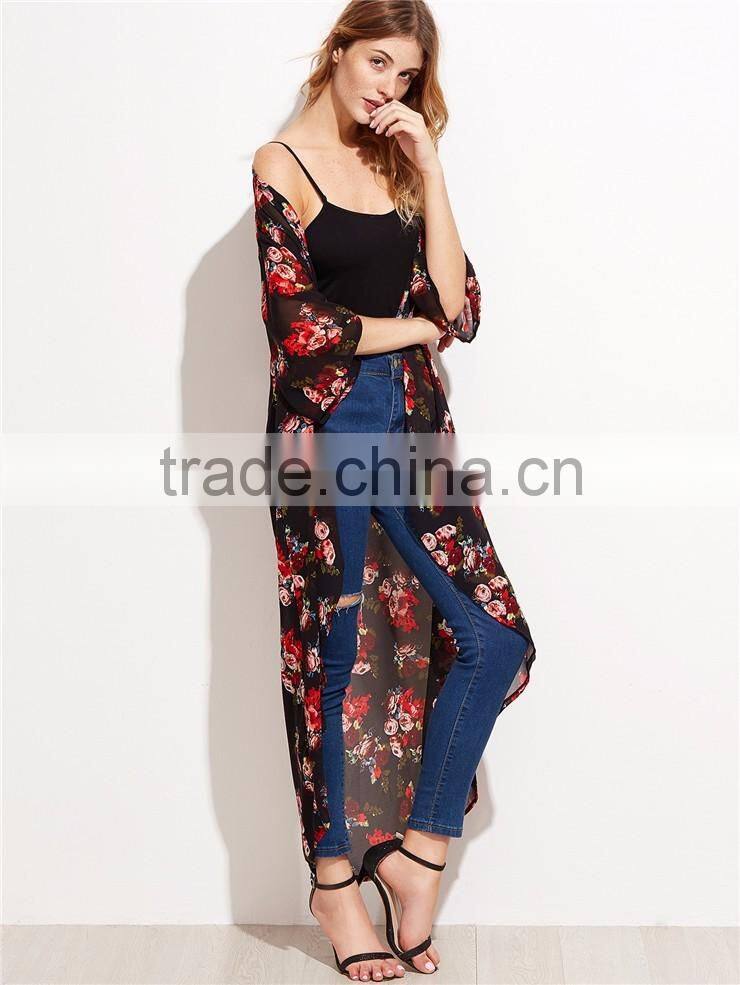 Custom Flower Print Women Soft Comfortable Beachwear Outwear Black Floral Longline Chiffon Kimono