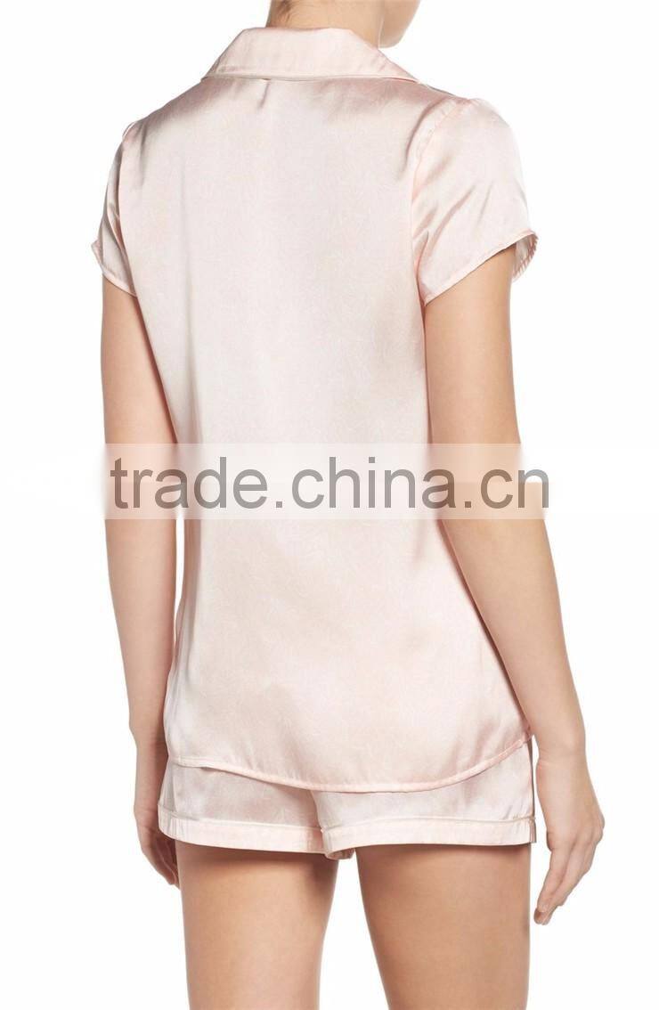 MGOO Plain Satin Pajamas Set Women Pyjama Set With Private Label White Piping Two Pieces Nightwear