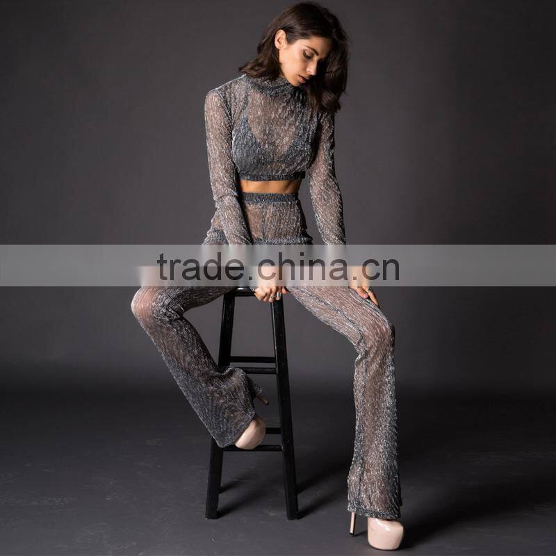 Runwaylover 084 Europe Style Ladies Two Piece Suits , Women Sexy Turtleneck Crop top And Transparent Casual Pants