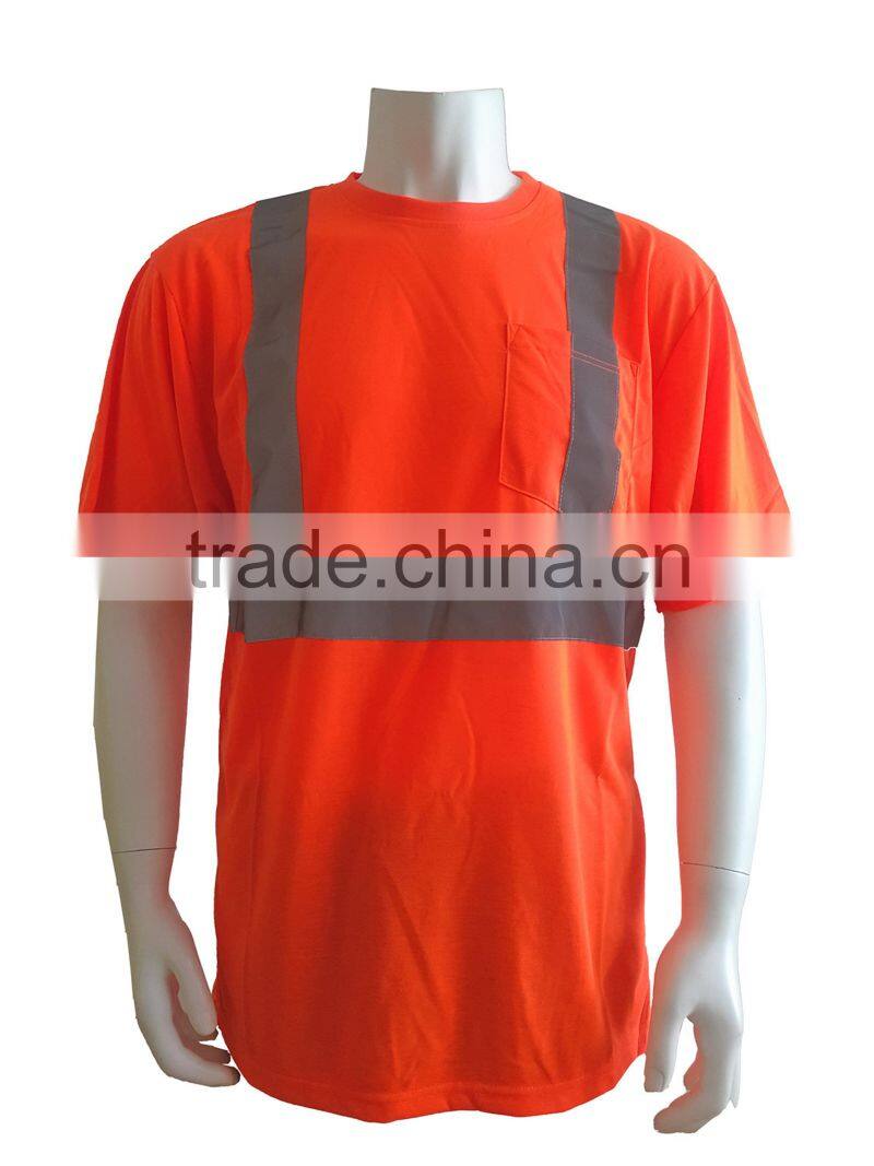Manufacturer mens high visibility orange short sleeve chest pocket reflective safety T-shirt