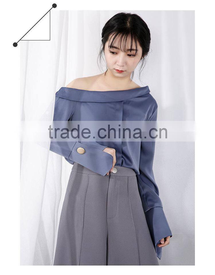 2017 autumn new style chiffon sexy collar diagonal shoulder long sleeve fashion blouse chiffon shirt