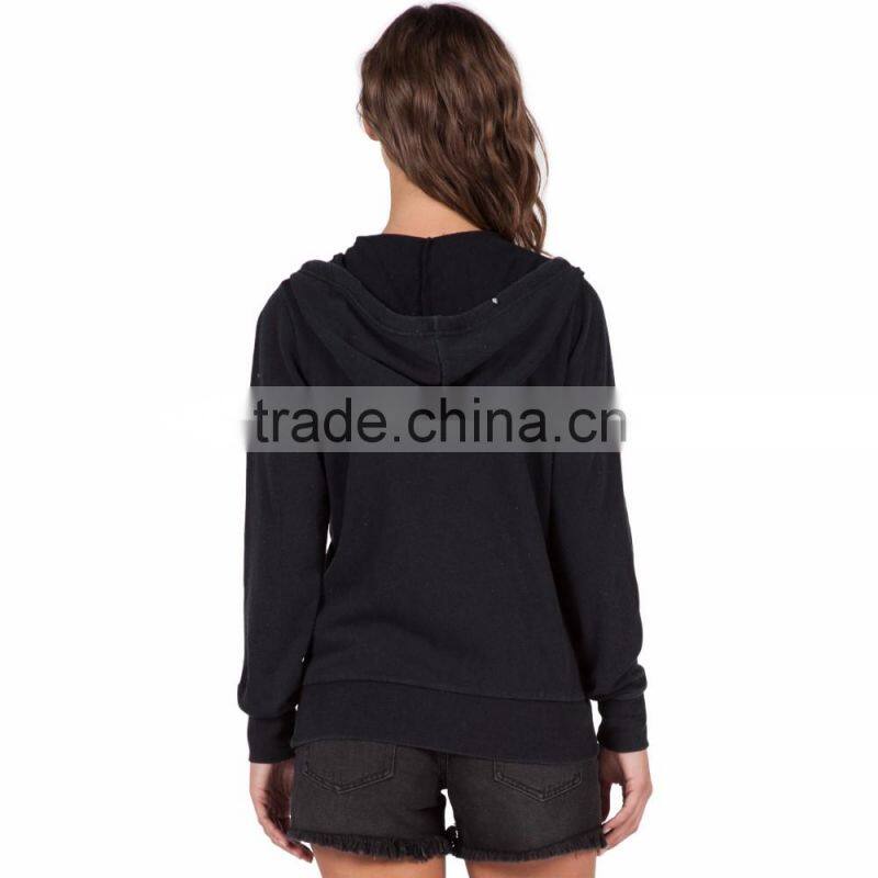 Urban Style Plain Black Washed Zip Up Fleece Hoodies for Woman