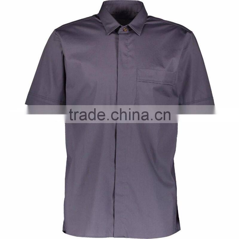 Men Customized Classic Hided Buttons Plain Grey Short Sleeve Shirt Wholesale