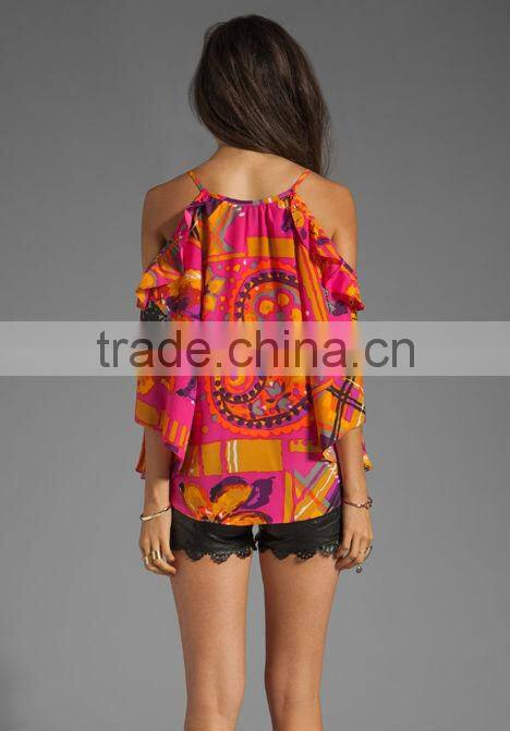 100% poly ruffle trim top