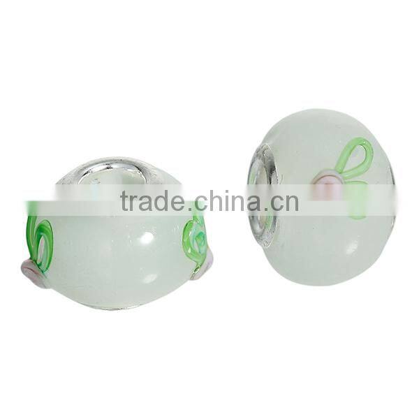 Round Silver Plated Core Light Green Flower Pattern Enamel European Style Large Hole 10mm Lampwork Glass Beads
