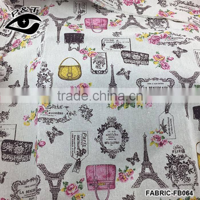 Colorful Bags Floral Eiffel Tower Pattern Printed Fabric Linen Cotton Fabrics For Sofa