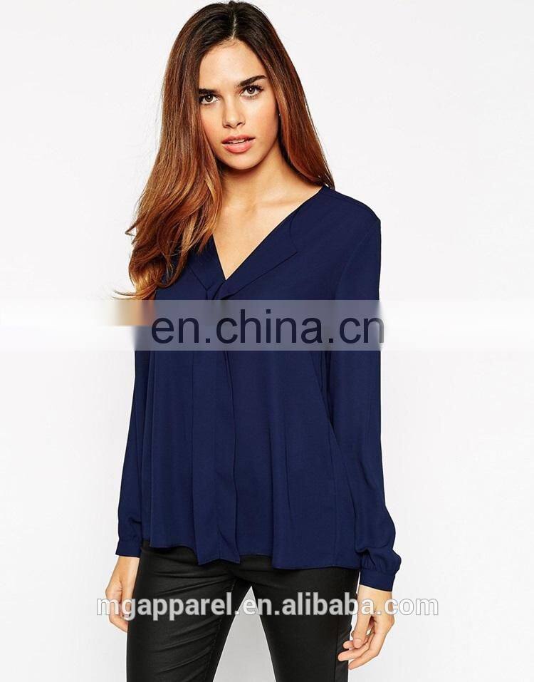 New design draped trim long sleeve woman blouse 2015 fashion chiffon blouse