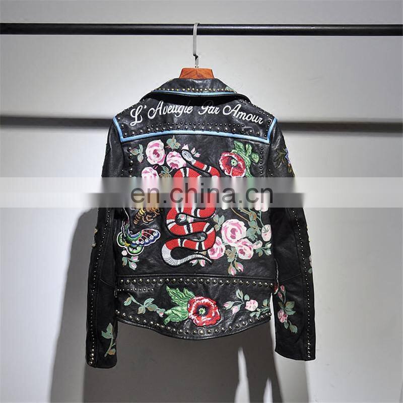 New Arrival Embroidery Leather Jacket for Women Real Motorcycle Leather Jacket