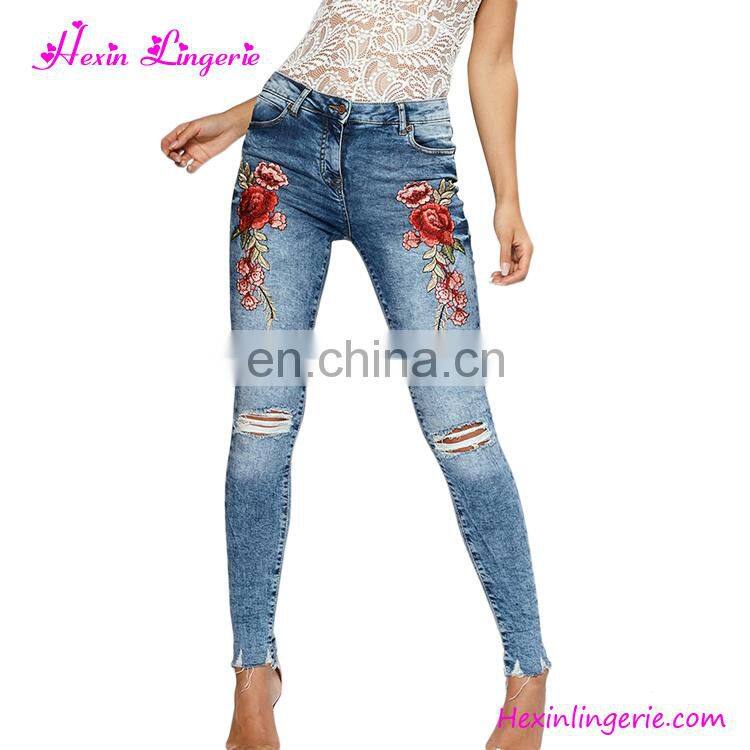 Wholesale Latest Designs Embroidery Light Blue Loose Girls Jeans Pants