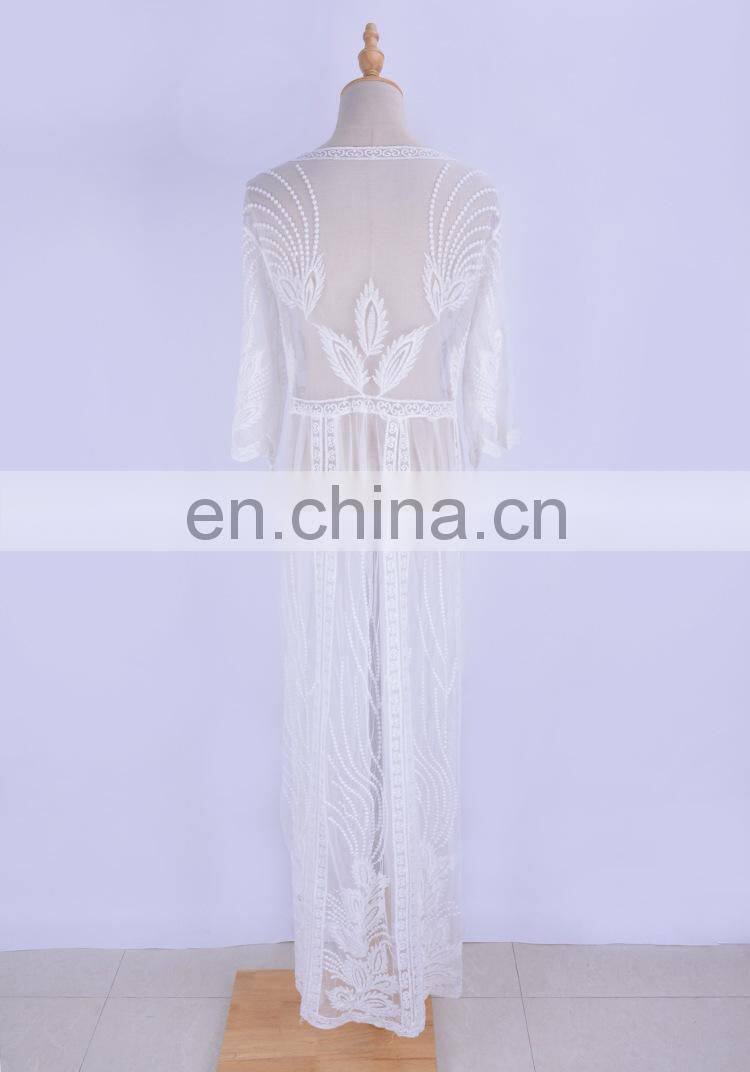 2019 Sexy See Through Self Belted Summer Beach Dress Transparent White Lace Tunic Women Beachwear Maxi Dress Sarong plage