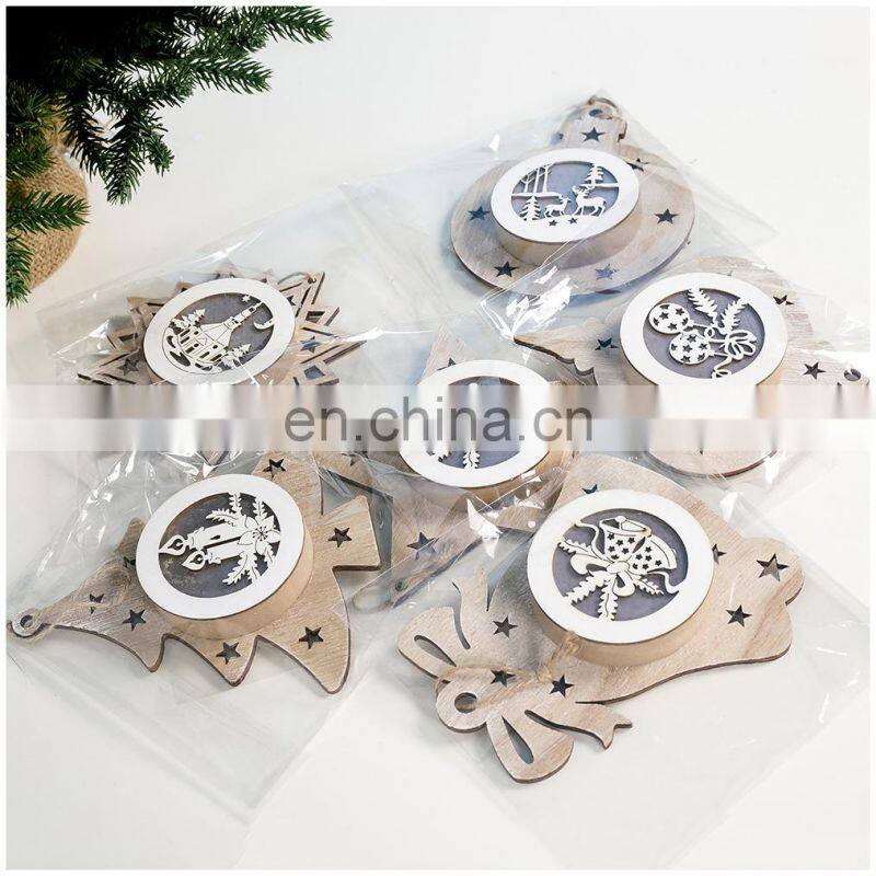 LED light Christmas Tree Star bell Wooden Pendants Ornaments Xmas Wood Crafts Kids Gift for Home Christmas Party Decorations