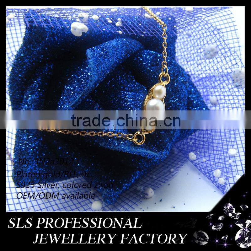 2015 Latest design simple and generous 925 sterling silver yellow gold plated zirconia pearl necklace for ladies