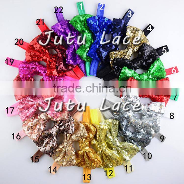 Wholesale kids Christmas decorative 12cm sequin fabric hair bow elastic head wraps