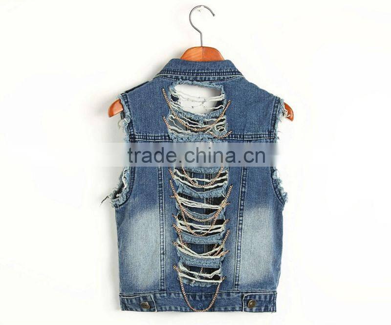 2016 ss new fashion cool punk style jean vest with hole and chain,alibaba china supplier