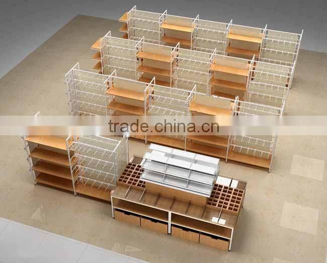 retail store stationary pos display stand with metal and wooden haning display stand