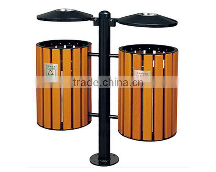 outdoor double wooden cylinder pole dustbin