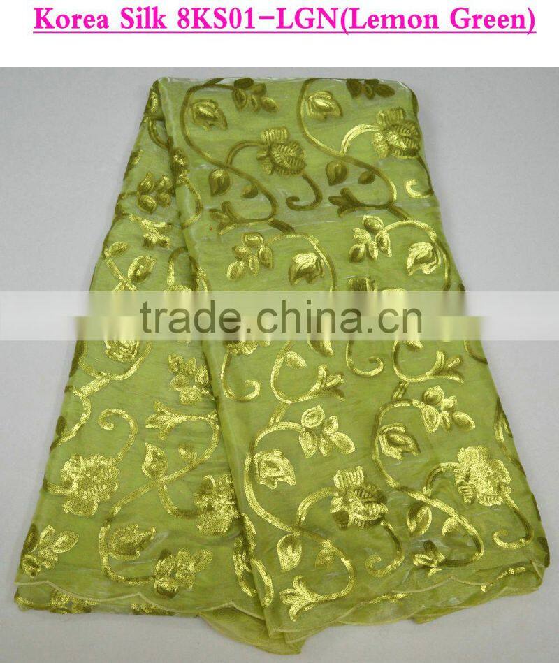 2015 summer newest lime green lace fabric korea silk with sequins