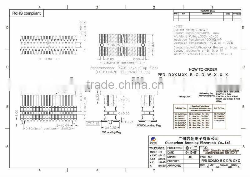 0.8mm*1.2mm Pitch Dual Row Dual Plastic SMT Type Pin Header