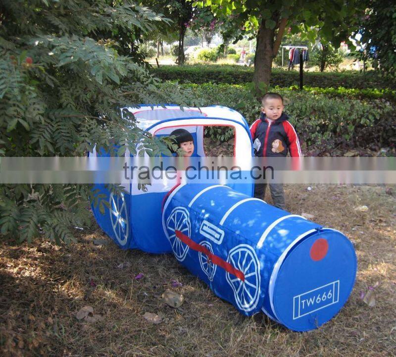 Funny kids playing cartoon train tent