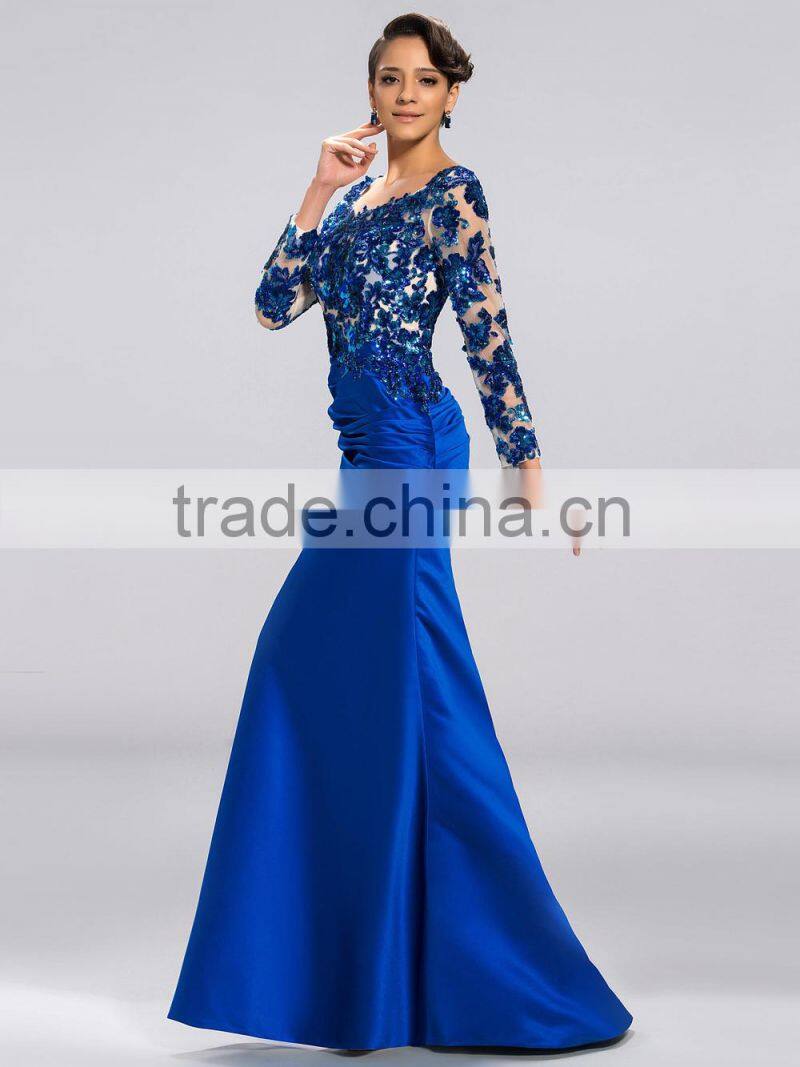 2015 Fashion Scoop Neck Sequin Appliques Long Sleeve Backless Satin Floor Length Mother of the Bride Dress (DVMD-2992)