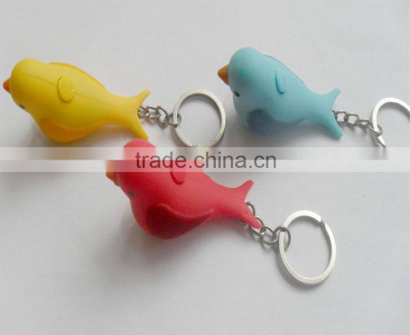 cute bird singing led light pvc key ring key chain