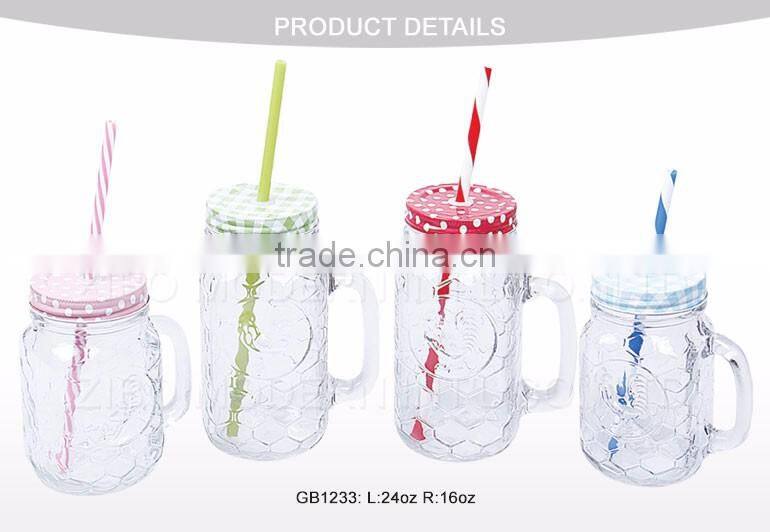 Embossed Clear 16oz Drinking Mason Jars Mug Hot Sale Wholesale Glass Mason Jars With Straw Lid