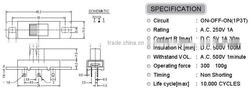 SS143D04 1P3T Vertical Type Slide Switch
