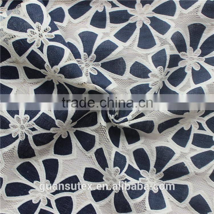Navy blue flower lace fabric with white holes