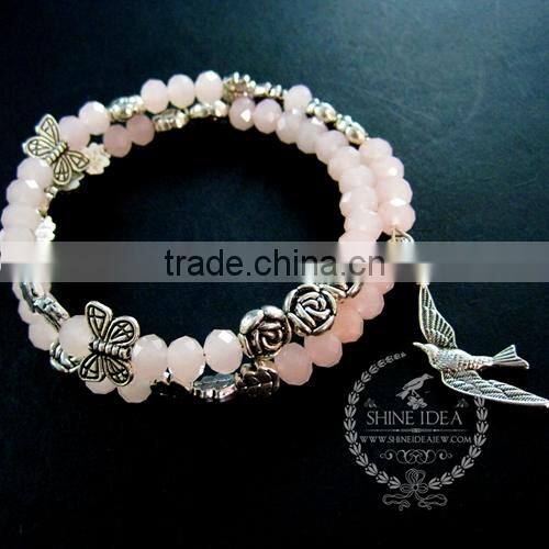 vintage antiqued silver rose leaf bird ice pink glass beads 2 layers women fashion wiring bangle bracelet jewelry 6490049