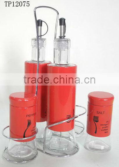 red spraying plastic cylinder glass oil bottle with dispenser spout