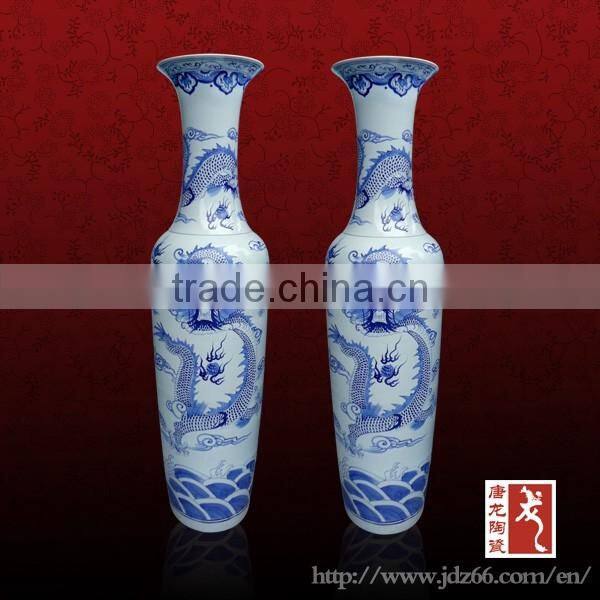 Chinese Antique Tall Blue and White Porcelain Vases With Hand Carved