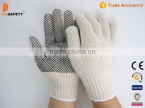 Natural Cotton Polyester Gloves 4thread String Knit Gloves With Black PVC Dots One Side