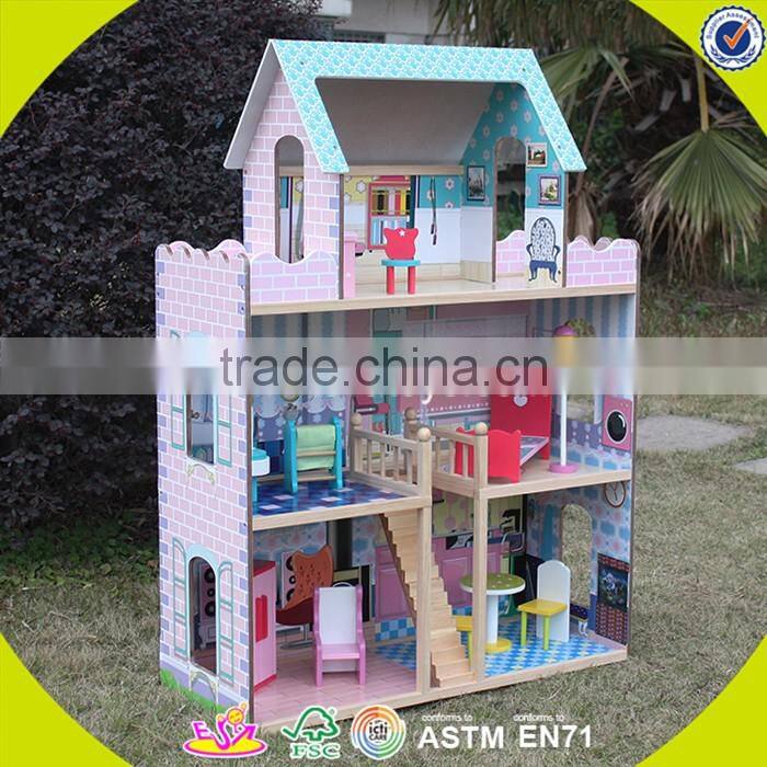 wholesale lovely role play kids wooden dollhouse delicate style children's wooden pink dollhouse for sale W06A032