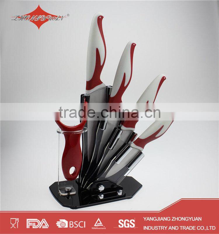 5 pcs set of ceramic kitchen knives set with acrylic knife block and peeler
