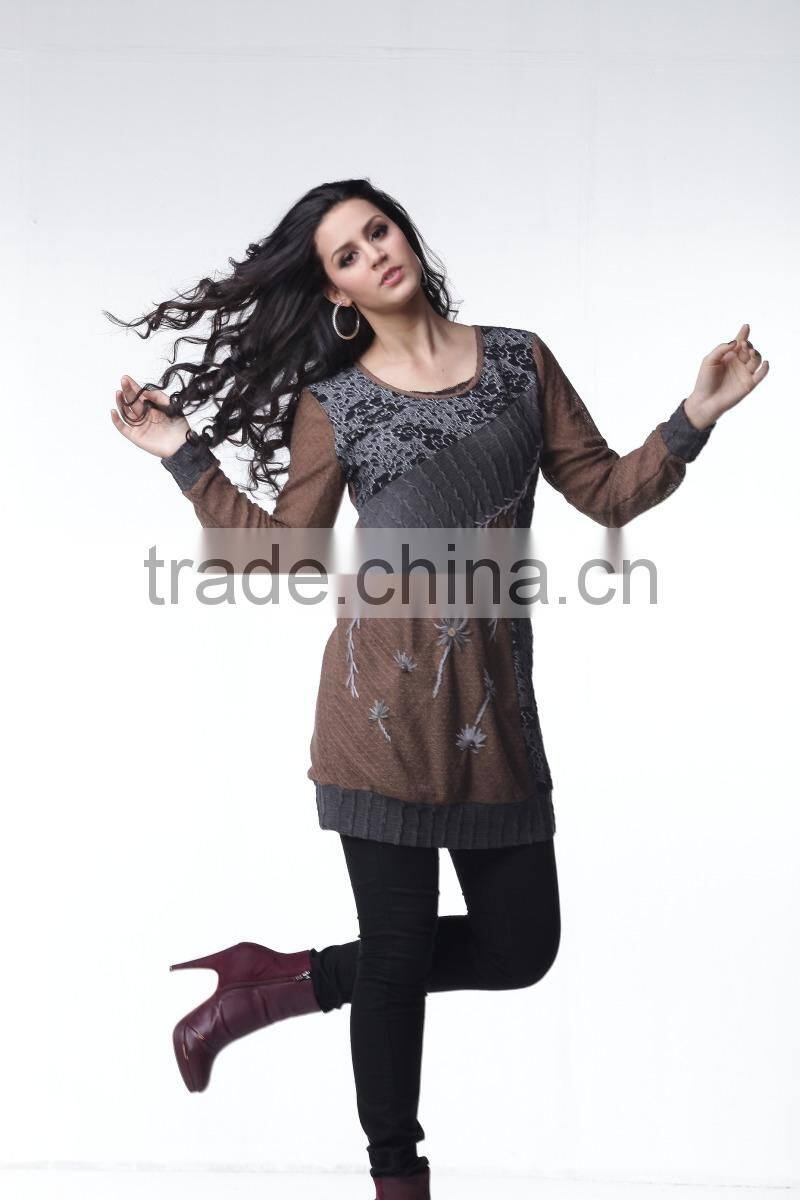 2013 Hot Selling Color Block Long-sleeved Round-neck Ladies Sweater