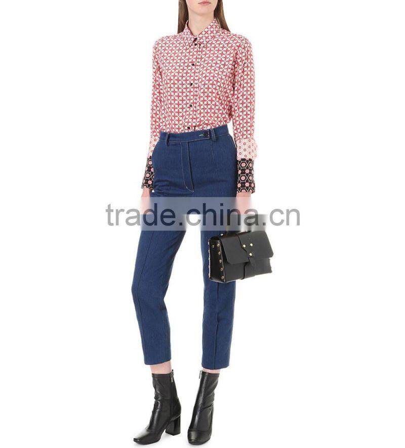 Wholesale Women Long Sleeves Geometric Rosette Silk Shirt(DQE0079T)