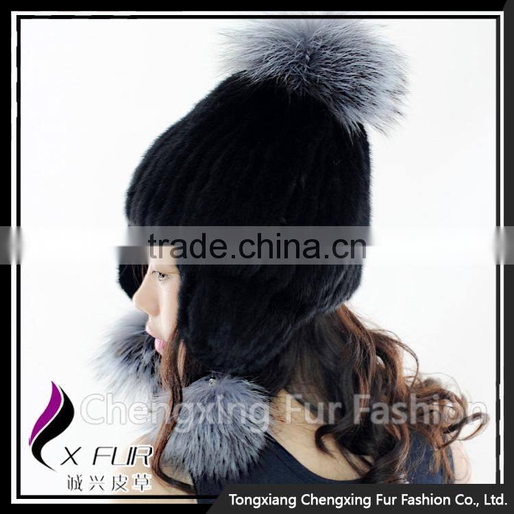CX-C-42C Lovely Women Genuine Mink Fur Winter Hat Silver Fox Fur Ball