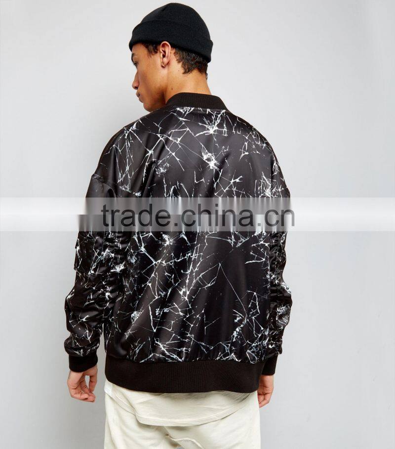 Fashion Design Custom Black Crackle Printing Bomber Jacket Oversized Dropped Shoulders Streetwear Mens Digital Print Jacket
